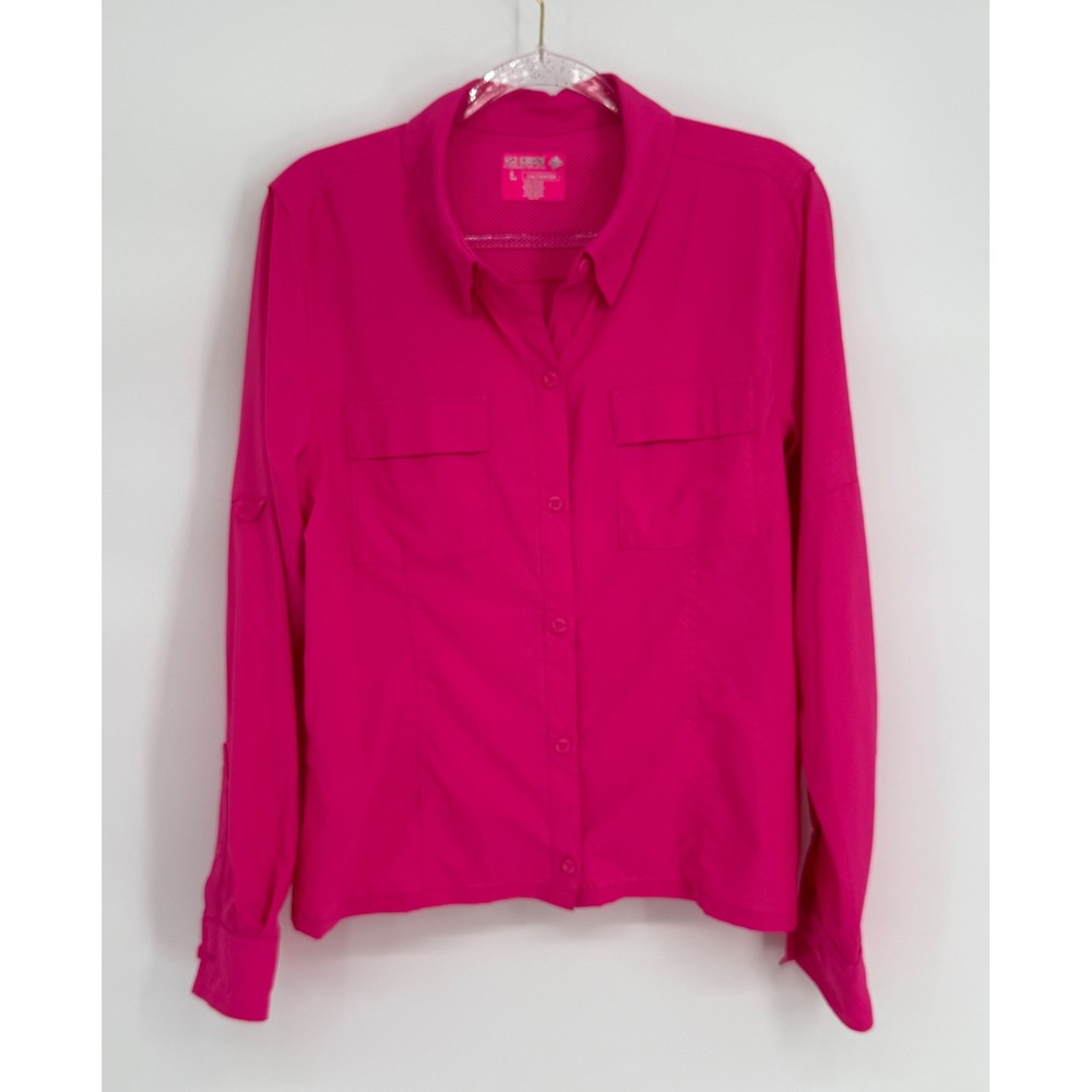 Reel Legends Saltwater Women Sz L Pink Performance Fishing Shirt Roll Tab Vented